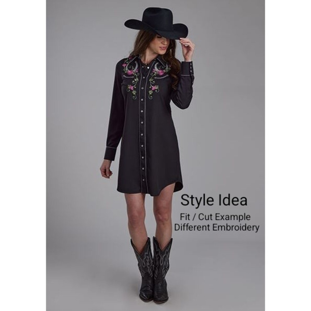 Roper Western Shirt Dress Black Floral Embroidered Long Sleeve Pearl Snap XL - Picture 11 of 12